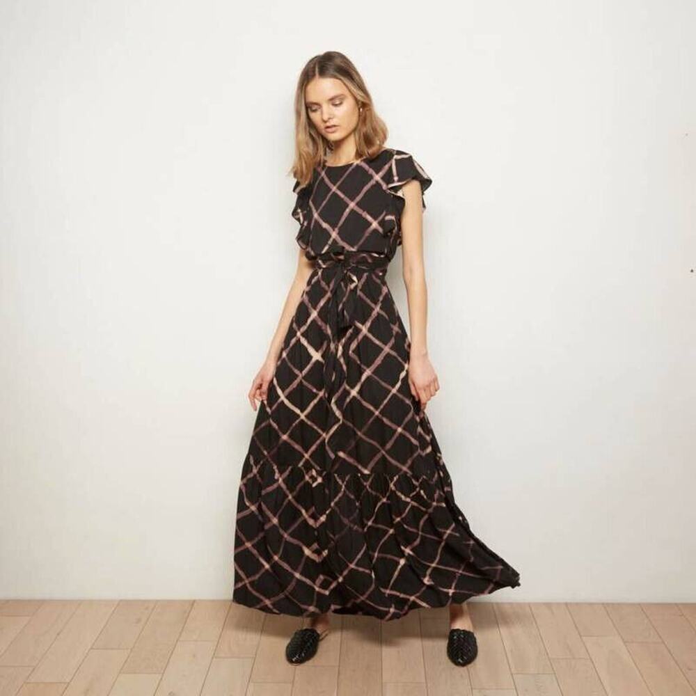 The Odells Seville Ruffle Maxi Dress Printed Tie Belt Pockets Black Size Small - Picture 1 of 16